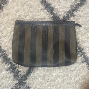 Authentic FENDI Clutch Bag Striped Logo 90s Handbag Black & Brown